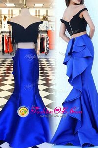 Royal Blue Mermaid Off The Shoulder Short Sleeves Satin With Train Sweep Train Zipper Ruffles Homecoming Dress