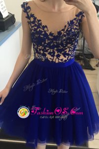Perfect A-line Prom Evening Gown Royal Blue Bateau Tulle Cap Sleeves Mini Length Zipper