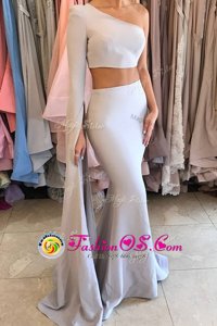 Stunning Mermaid One Shoulder Silver Long Sleeves Elastic Woven Satin Side Zipper Homecoming Dress for Prom