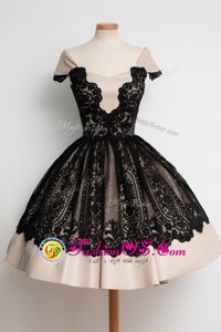 Custom Designed Black Ball Gowns Satin Scoop Cap Sleeves Lace Knee Length Zipper Mother Of The Bride Dress