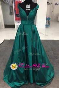 Cute Teal Off The Shoulder Neckline Pleated Prom Party Dress Sleeveless Zipper