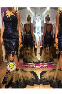 Custom Made Scalloped Navy Blue Organza and Sequined Backless Prom Dresses Sleeveless With Brush Train Sequins