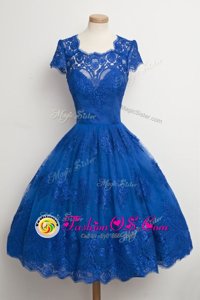 Scalloped Cap Sleeves Lace Knee Length Zipper Prom Evening Gown in Royal Blue for with Lace