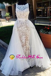 Superior Scoop Champagne Dress for Prom Tulle Brush Train Sleeveless Lace