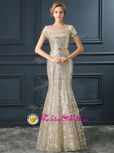 Fitting Silver Mermaid Scoop Short Sleeves Satin Floor Length Zipper Sequins and Belt Celebrity Dresses