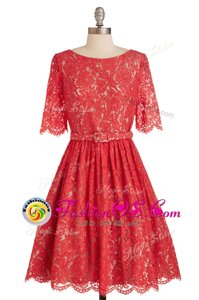 Romantic Red A-line Scoop Short Sleeves Lace Knee Length Zipper Belt