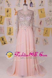Traditional Scoop With Train Column/Sheath Long Sleeves Pink Prom Gown Brush Train Zipper