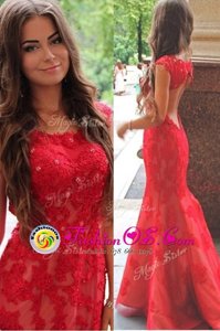Mermaid Scoop With Train Red Prom Evening Gown Lace Sweep Train Cap Sleeves Lace and Appliques