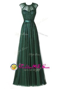 Latest Scoop Tulle Cap Sleeves Floor Length Prom Party Dress and Beading and Pleated