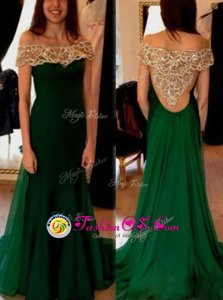 Dark Green Chiffon Side Zipper Off The Shoulder Short Sleeves Formal Dresses Sweep Train Beading and Pleated