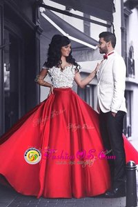 Off the Shoulder Appliques Prom Party Dress Red Zipper Short Sleeves Floor Length