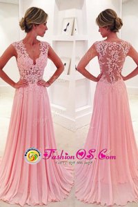 Noble Pink Side Zipper Homecoming Dress Lace Sleeveless Sweep Train