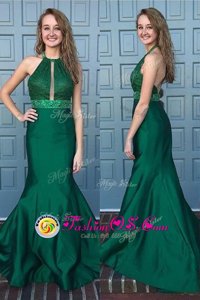Inexpensive Green Mermaid Halter Top Sleeveless Satin With Train Sweep Train Backless Beading and Lace Evening Dress