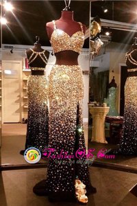 Free and Easy Mermaid With Train Backless Prom Dress Gold and In for Prom with Beading Sweep Train