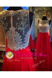 New Style Column/Sheath Prom Dresses Red Scoop Chiffon Sleeveless Floor Length Zipper
