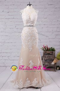 Super Mermaid Scoop Sleeveless Tulle Evening Dress Beading and Appliques Sweep Train Backless