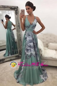 Printed Green V-neck Zipper Pattern Mother Of The Bride Dress Sweep Train Sleeveless