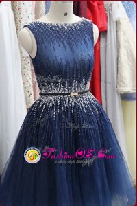 Great Scoop Navy Blue Zipper Cocktail Dresses Beading Sleeveless Knee Length