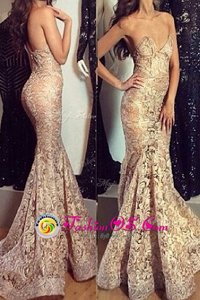 Mermaid Lace Sleeveless Prom Evening Gown Sweep Train and Pleated