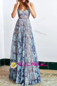 Blue Sleeveless Floor Length Lace Backless Prom Dress