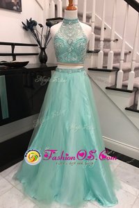 Attractive Halter Top Sleeveless Tulle With Train Sweep Train Backless Evening Gowns in Apple Green for with Beading