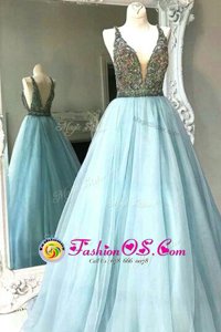Light Blue Sleeveless Beading Floor Length Prom Gown