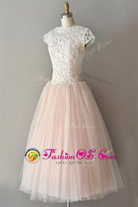 Best Selling Pink A-line Tulle Scoop Cap Sleeves Appliques Knee Length Zipper Prom Evening Gown