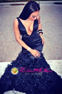 Luxurious Mermaid V-neck Sleeveless Satin Runway Inspired Dress Ruffles Sweep Train Zipper