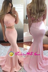 Custom Designed Peach Zipper Scoop Beading and Lace Prom Dresses Chiffon Sleeveless Sweep Train