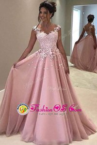 Low Price With Train Champagne Prom Party Dress Scoop Sleeveless Sweep Train Backless