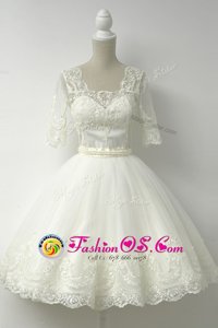 Attractive A-line Prom Party Dress White Square Tulle Half Sleeves Knee Length Zipper