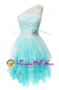 One Shoulder Aqua Blue Sleeveless Tulle Side Zipper Prom Dress for Prom and Party