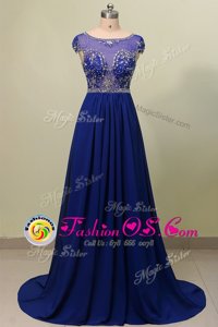 Scoop Cap Sleeves Prom Dresses With Train Beading and Appliques Blue Chiffon