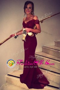 Captivating Burgundy Evening Dress Prom and Party and For with Lace Off The Shoulder Short Sleeves Brush Train Backless