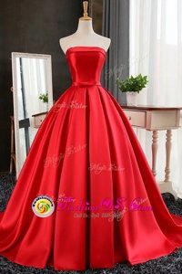 Popular Red Ball Gowns Satin Strapless Sleeveless Pleated Lace Up Homecoming Dress Sweep Train
