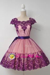 Purple Ball Gowns Tulle Square Cap Sleeves Belt Mini Length Zipper Prom Evening Gown