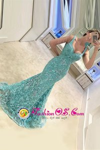 Pretty Mermaid Turquoise Sleeveless Sweep Train Appliques With Train Prom Dress