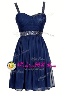 Sleeveless Chiffon Knee Length Zipper in Navy Blue for with Sequins