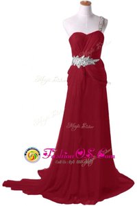 Dazzling Burgundy Prom Evening Gown Prom and For with Beading One Shoulder Sleeveless Watteau Train Zipper