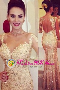 Mermaid Gold Prom Dress Prom and Party and For with Lace and Appliques and Sequins Sweetheart Long Sleeves Backless