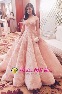 Inexpensive Pink Tulle Zipper Prom Dress Short Sleeves With Train Sweep Train Lace