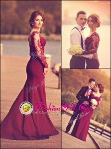 With Train A-line Long Sleeves Burgundy Court Train Zipper