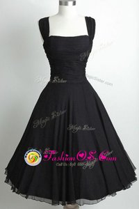 Unique Black A-line Chiffon Square Sleeveless Ruching Tea Length Side Zipper Evening Dress