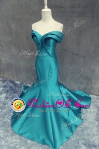 Glamorous Brush Train Mermaid Evening Outfits Teal Sweetheart Satin Sleeveless Zipper