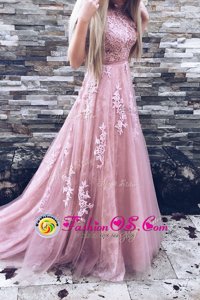 Delicate Scoop Sleeveless Sweep Train Zipper Appliques and Sashes|ribbons Prom Dress