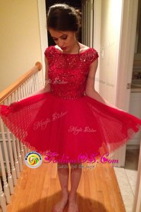 Red Bateau Zipper Beading Prom Evening Gown Cap Sleeves