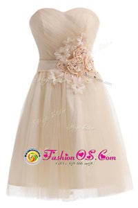 Sweetheart Sleeveless Evening Dress Knee Length Beading and Hand Made Flower Champagne Tulle