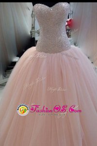 Elegant Scoop Floor Length Peach Homecoming Dress Tulle Sleeveless Beading and Lace