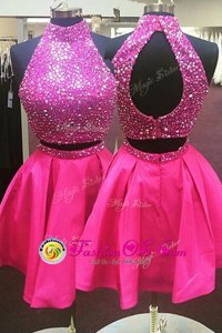 Halter Top Hot Pink Sleeveless Mini Length Beading Zipper Celeb Inspired Gowns