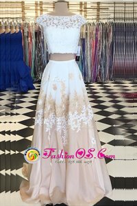 Champagne Cap Sleeves Floor Length Beading and Lace Backless Prom Party Dress
